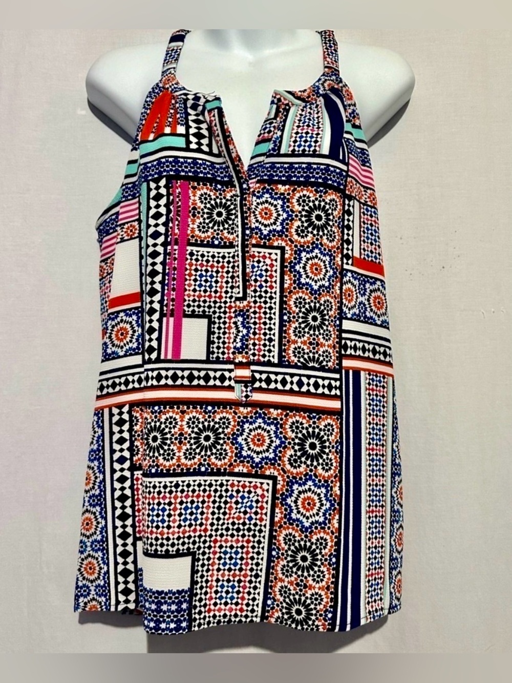Tacera Multicolor Geometric Print Sleeveless Blouse Tank Top | Size L